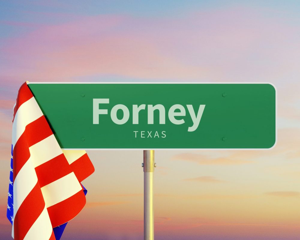 Forney – Texas. Road or Town Sign. Flag of the united states. Sunset oder Sunrise Sky. 3d rendering Forney – Texas. Road or Town Sign. Flag of the united states. Sunset oder Sunrise Sky. 3d rendering