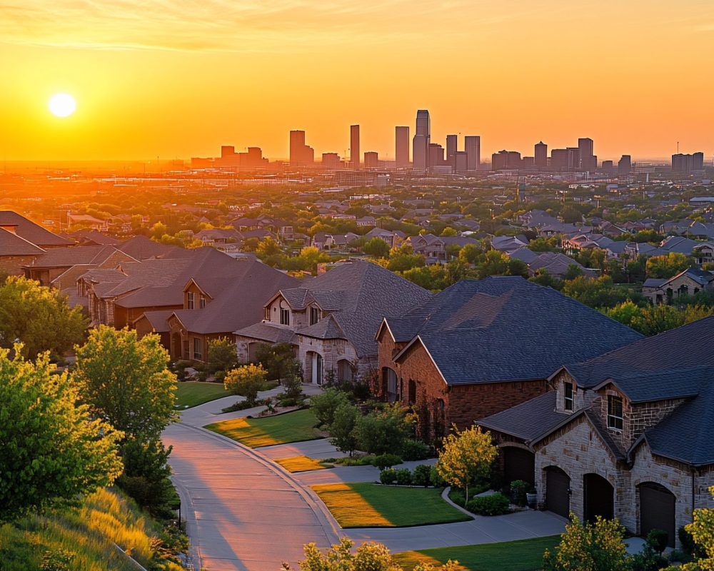 Sunset over suburban homes, city skyline Sunset over suburban homes, city skyline